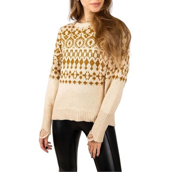 NSF Elsa Knit Sweater Distressed Crewneck Pullover‎ Beige & Gold Size 0 - Picture 1 of 11